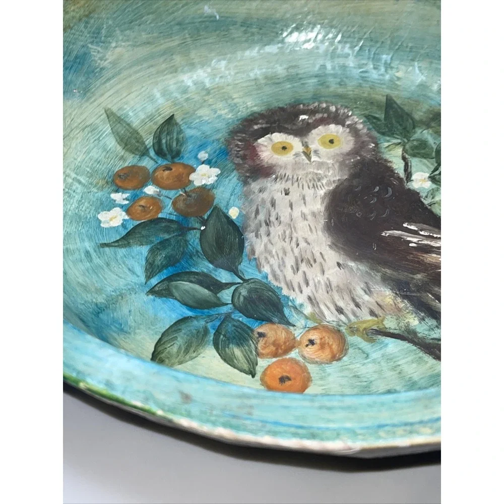 Vintage Mexican Folk Art Painted Carved‎ Wood Bowl Woodland Owl Cottagecore